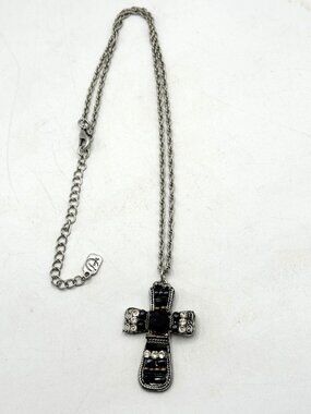 Vintage black crystal rhinestone beaded cross pendant charm necklace